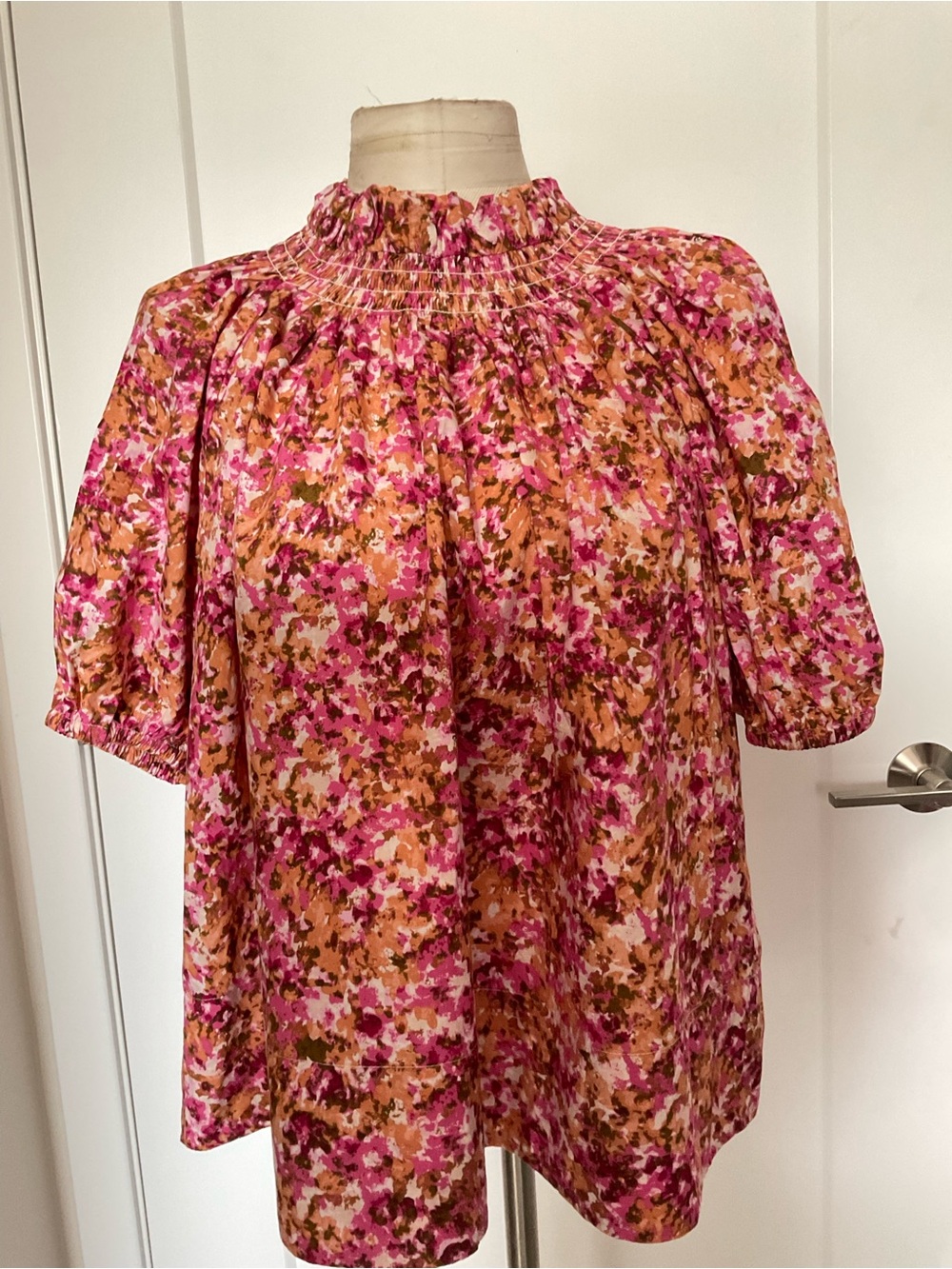J. Crew Smocked Neck Floral Blouse - Pink & Tan Size XL.